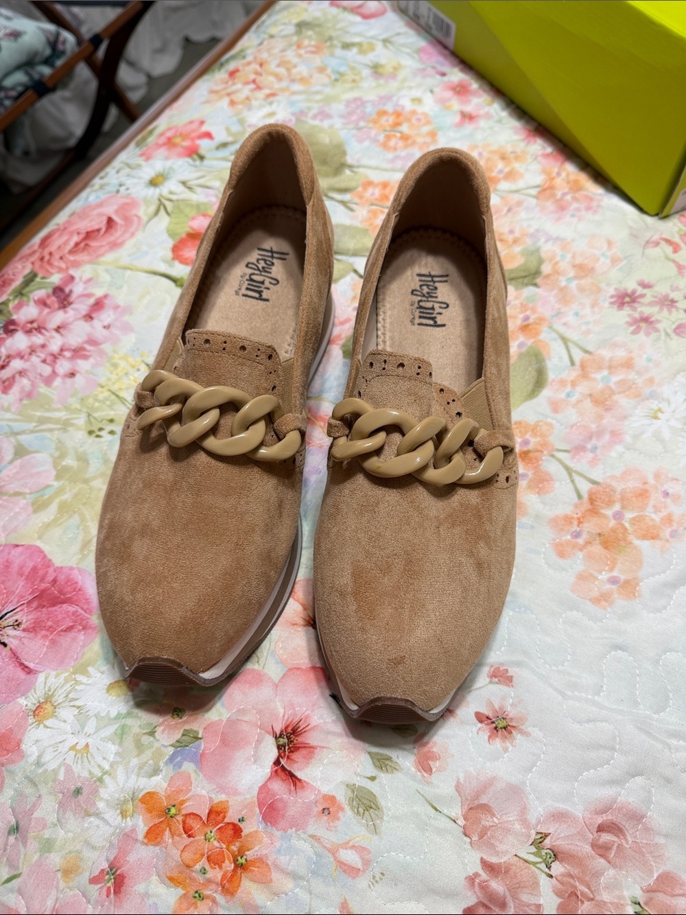 Hey Girl by Corkys Women's Suede Loafers with Chunky Chain in Tan